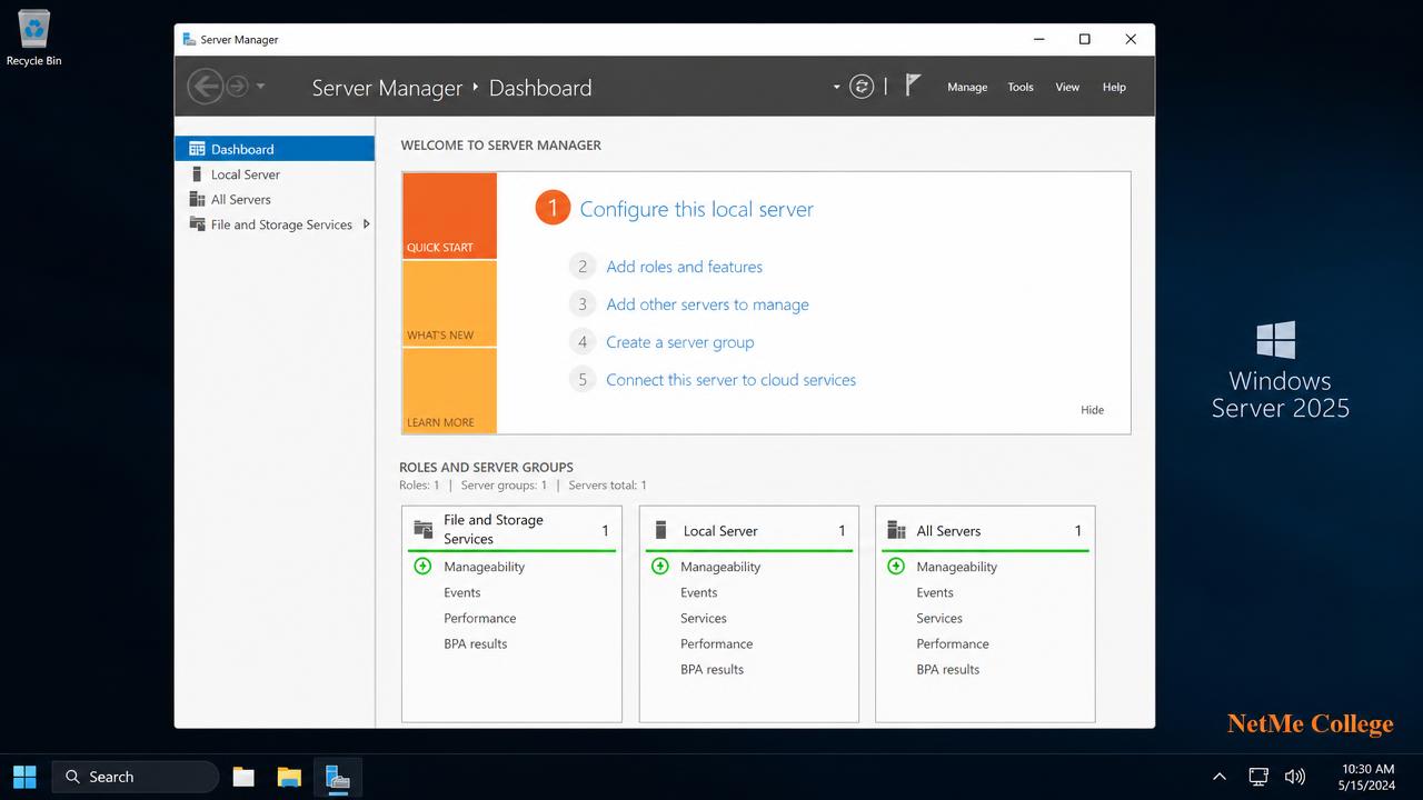 Server Manager ב-Windows Server 2025 לאחר סיום ההתקנה — מכללת נטמי